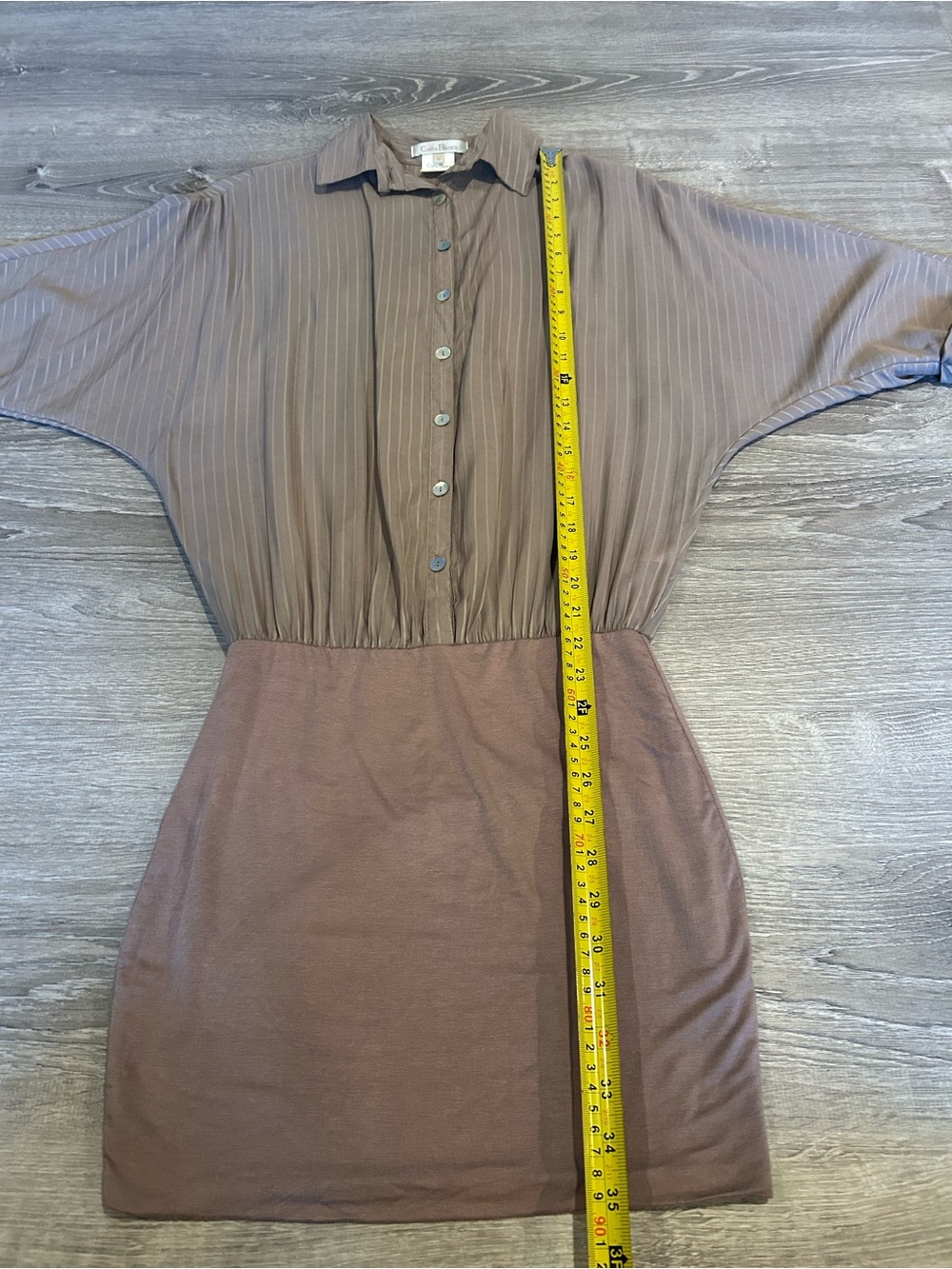 Costa Blanca Taupe Pinstripe Batwing Sleeve Mini Shirt Dress Size S - Picture 3 of 12